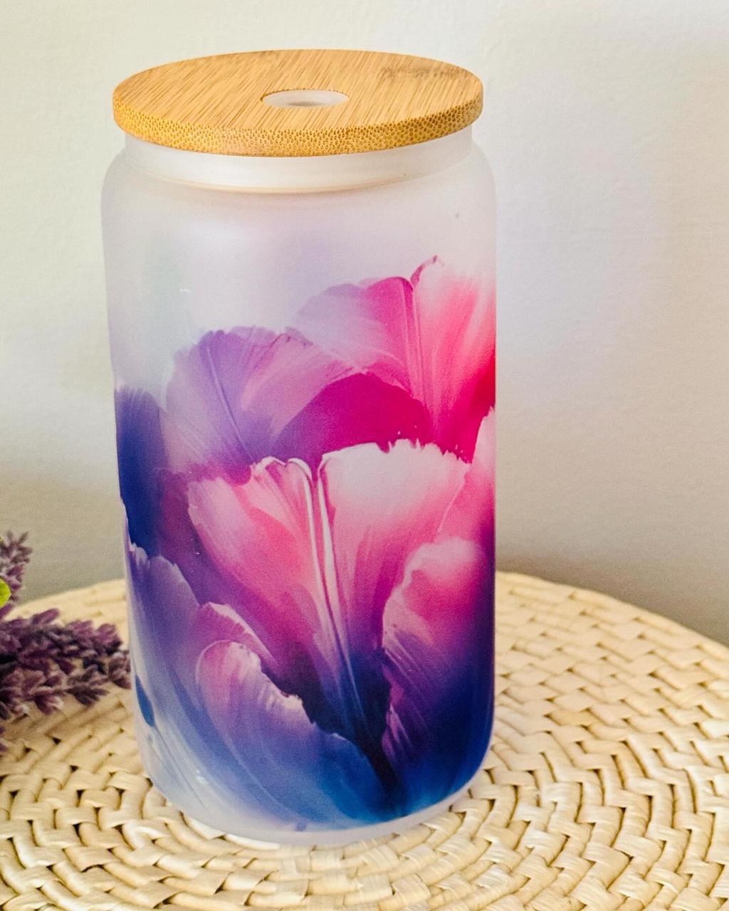 Frosted Cup - Enchanting print of purple tulips.