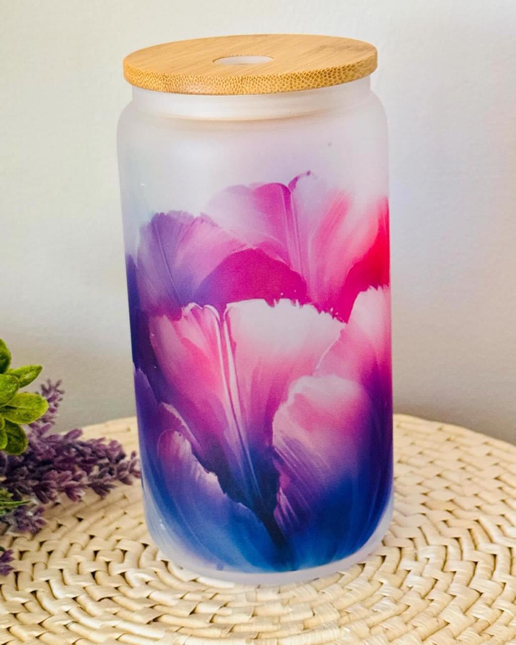 Frosted Cup - Enchanting print of purple tulips.