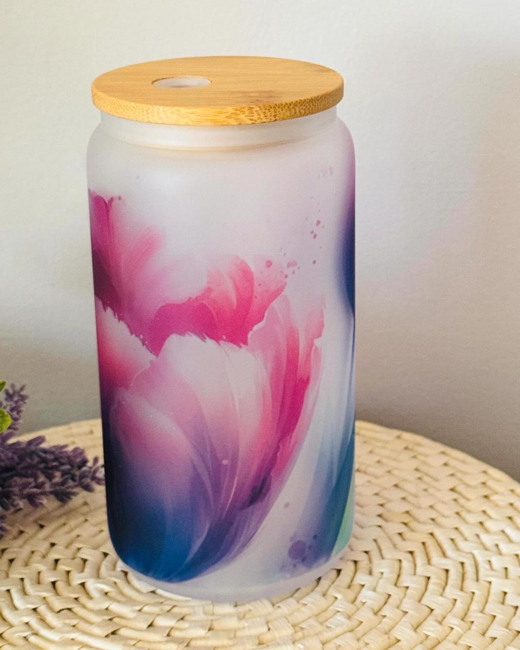 Frosted Cup - Enchanting print of purple tulips.